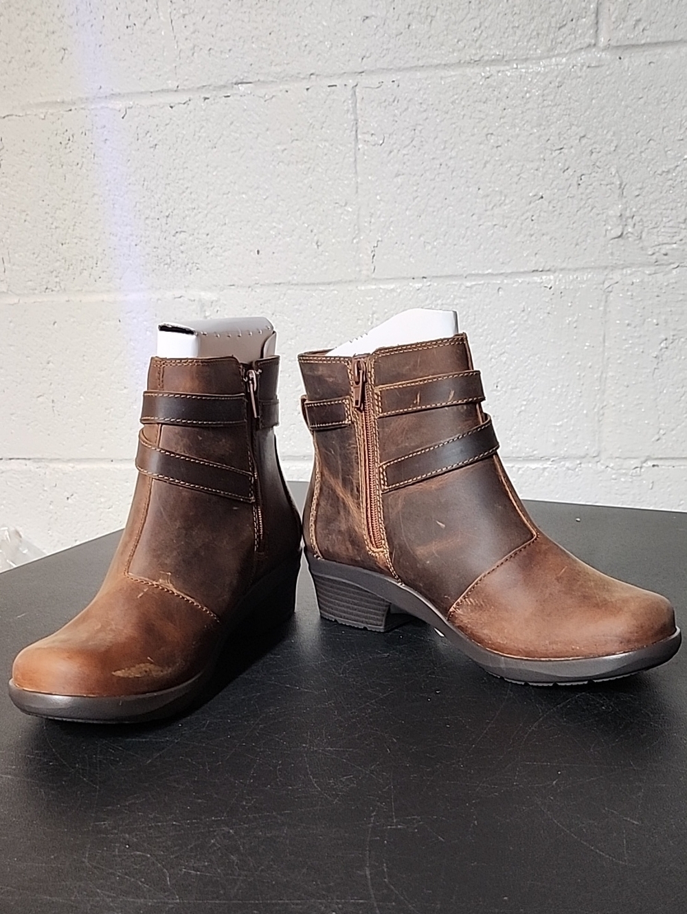 Clarks Brown Leather Ankle Booties with Side Zip and Strap Detail
